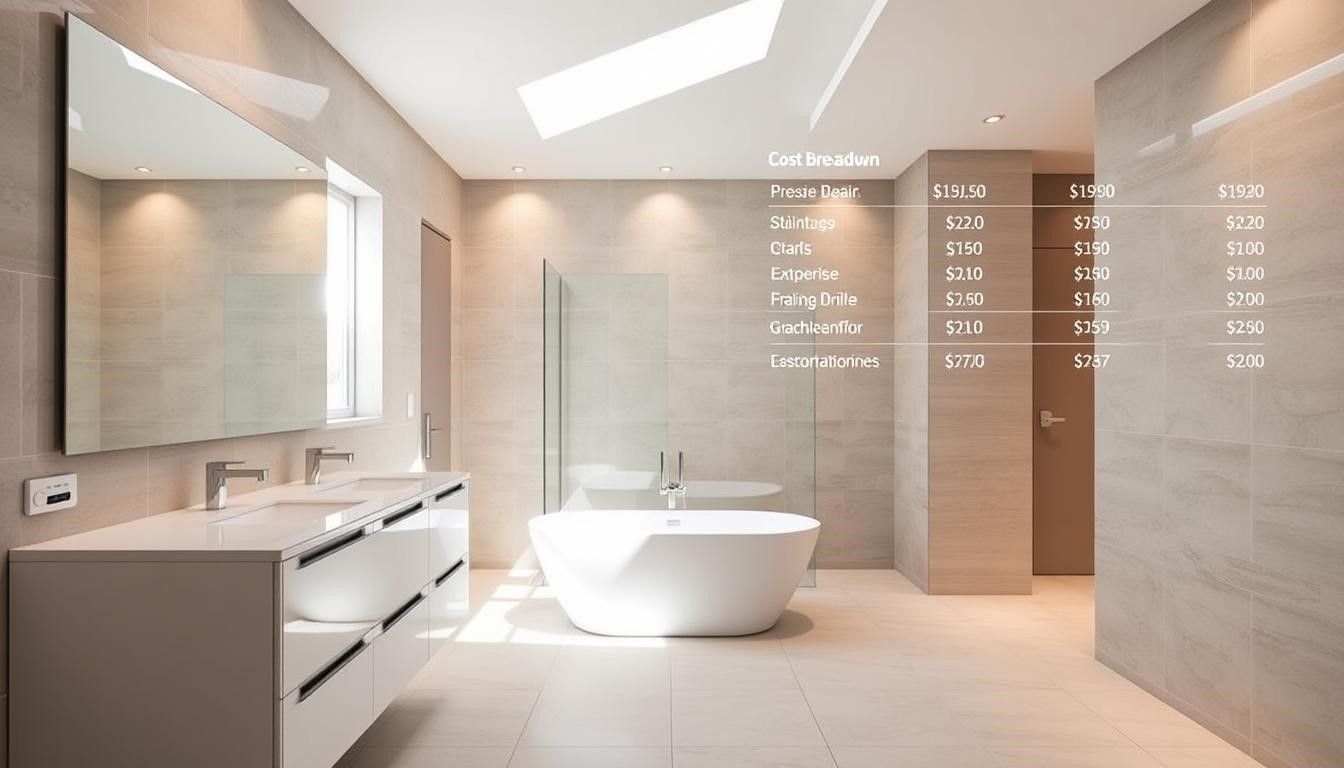 Modern bathroom with a white bathtub, vanity, and neutral tile; a chart of data is overlaid.