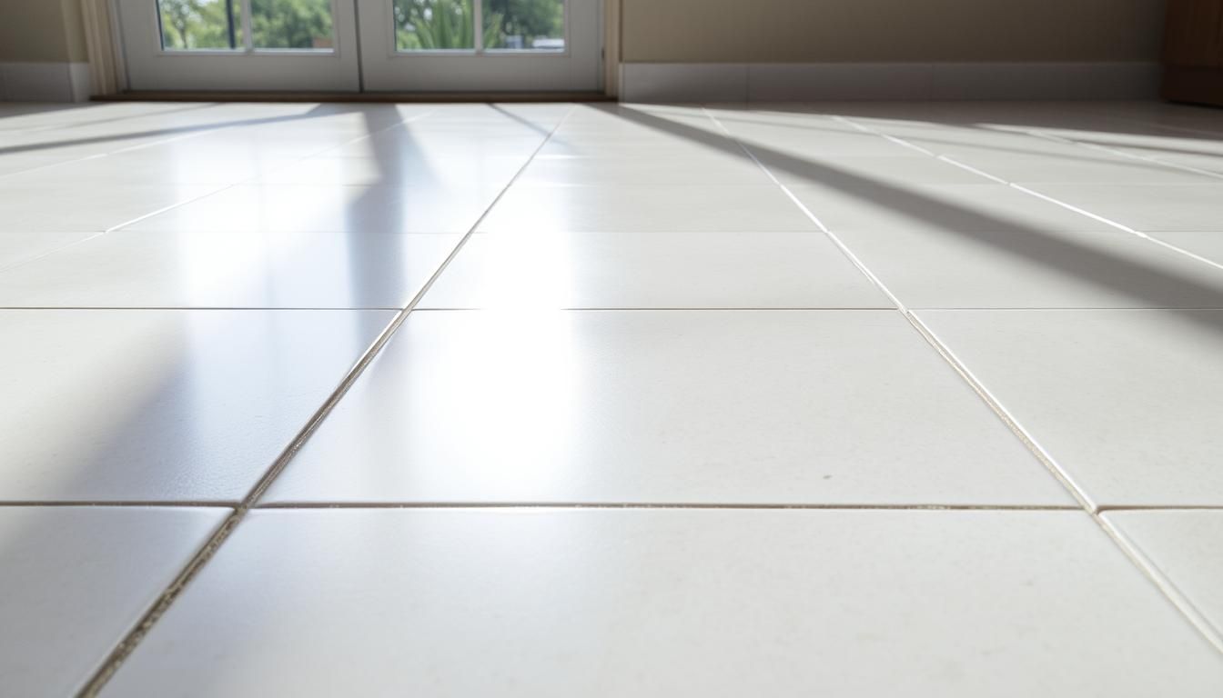 A close up of a white tiled floor with a window in the background.
