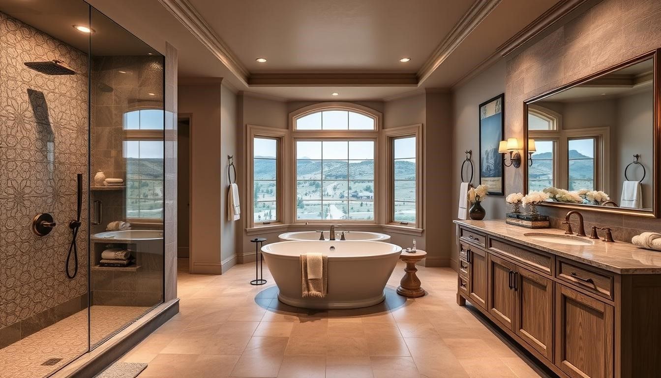 Luxury bathroom with a large tub in front of a window, shower, and double vanity.