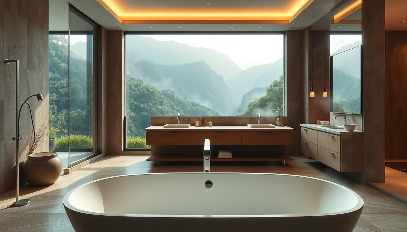 Luxury bathroom with freestanding tub and panoramic mountain view