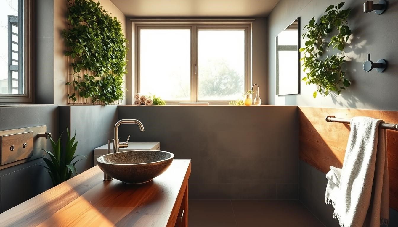 Bathroom with a wooden vanity, a dark bowl sink, and wall-mounted plants. Sunlight streams through the window.