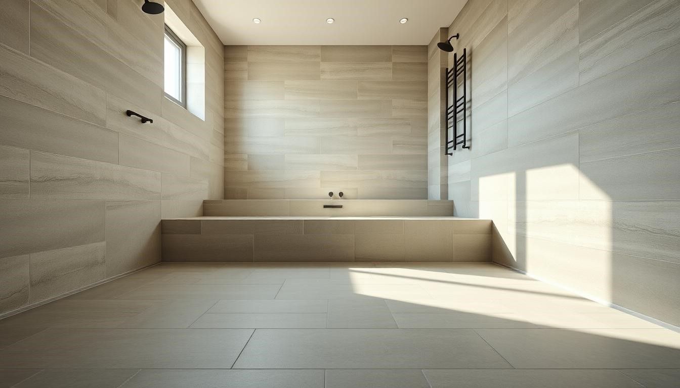 Modern bathroom with tan stone walls, a raised platform, and bright sunlight.