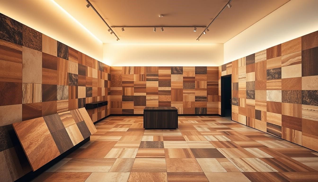 Room with stone tiles on walls and floor, lit by overhead and track lighting. A dark box sits in the center.