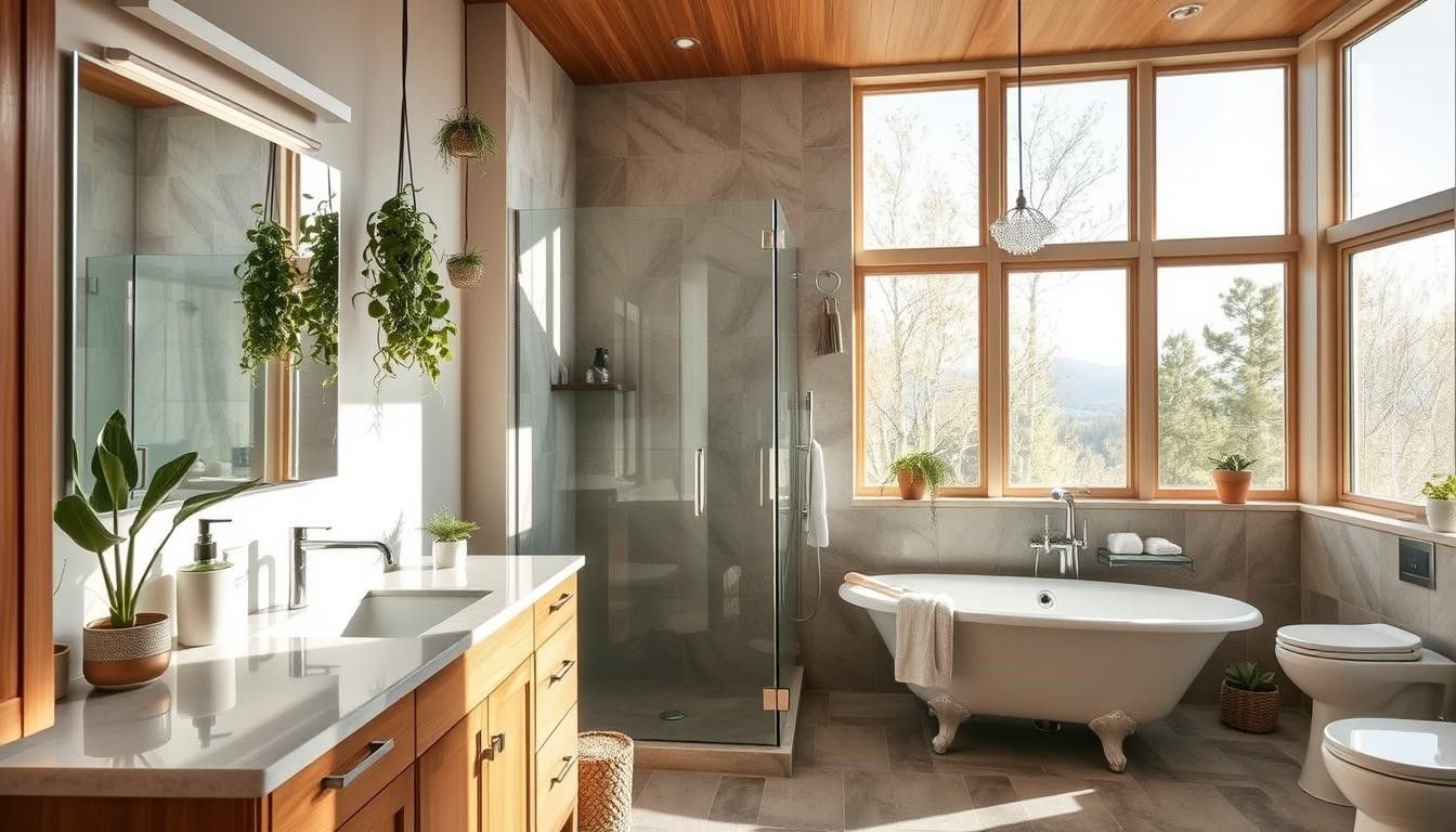 Bathroom with wooden accents, large windows, clawfoot tub, shower, and vanity with plants.