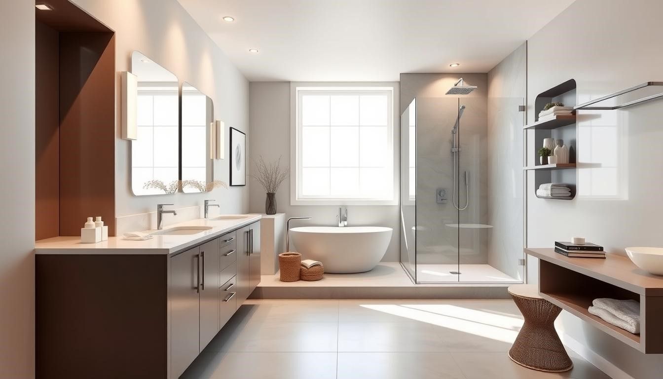 Modern bathroom with freestanding tub and glass shower enclosure