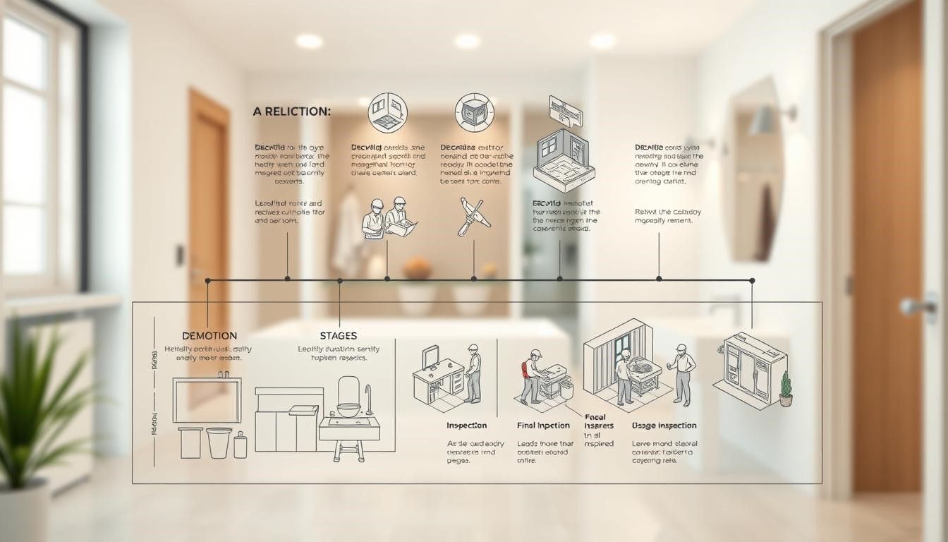 Diagram overlayed on a blurred interior. The diagram shows the process of something, possibly medical or scientific, with illustrations and text annotations along a timeline.
