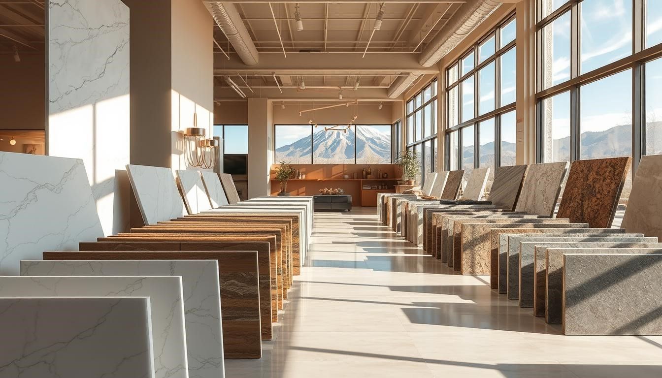 Interior of a stone showroom with samples displayed. Large windows offer mountain view; natural light shines across the floor.