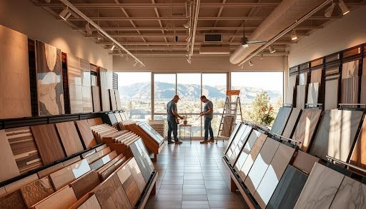 Two men are standing in a tile store looking at tiles.