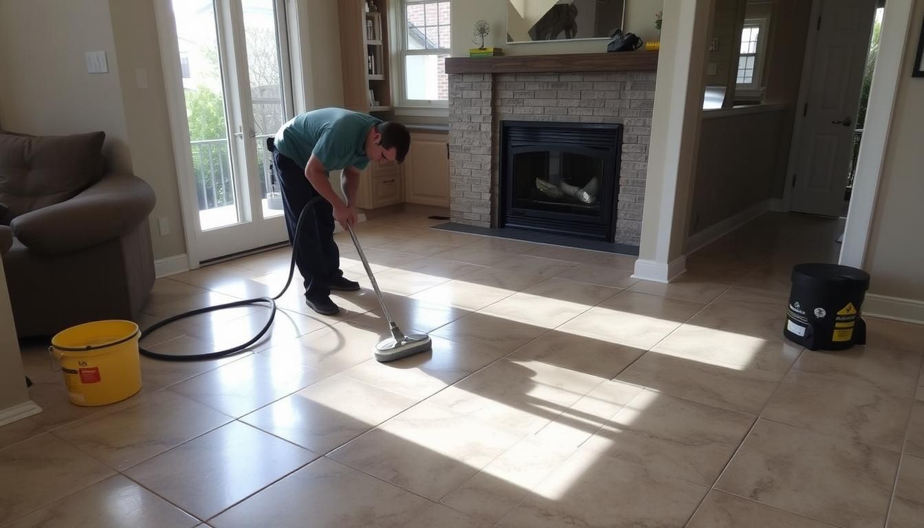 A man is cleaning the floor of a living room with a tile cleaner machine.