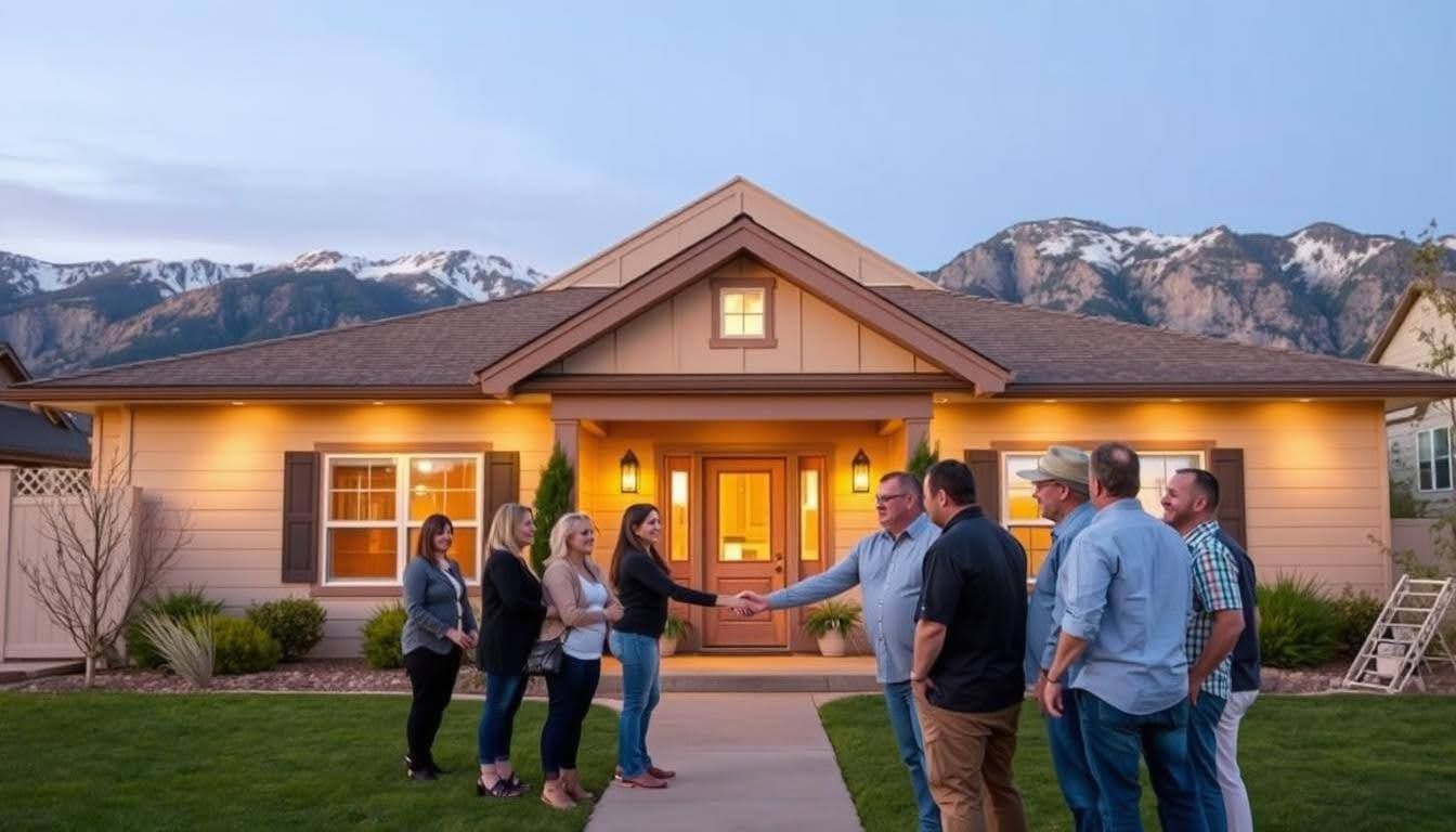 A group of people are standing in front of a house with mountains in the background.