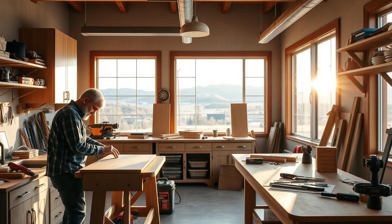 A man is working on a wooden table in a workshop.