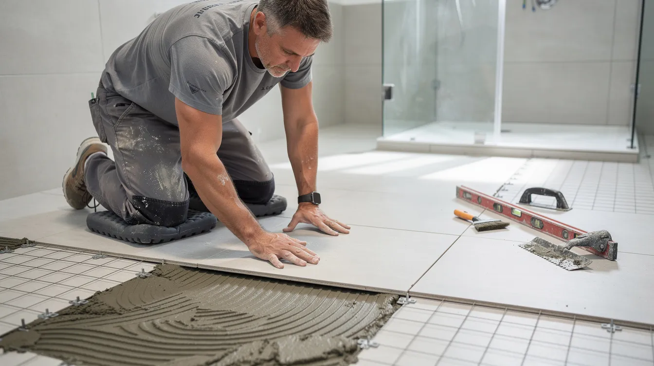 A professional tile installer is meticulously setting large-format porcelain tile in a bathroom, ensuring precise alignment and attention to detail for a flawless finish. The job involves careful placement and grout application, showcasing the skills of certified tile installers in creating beautiful tile flooring for clients.