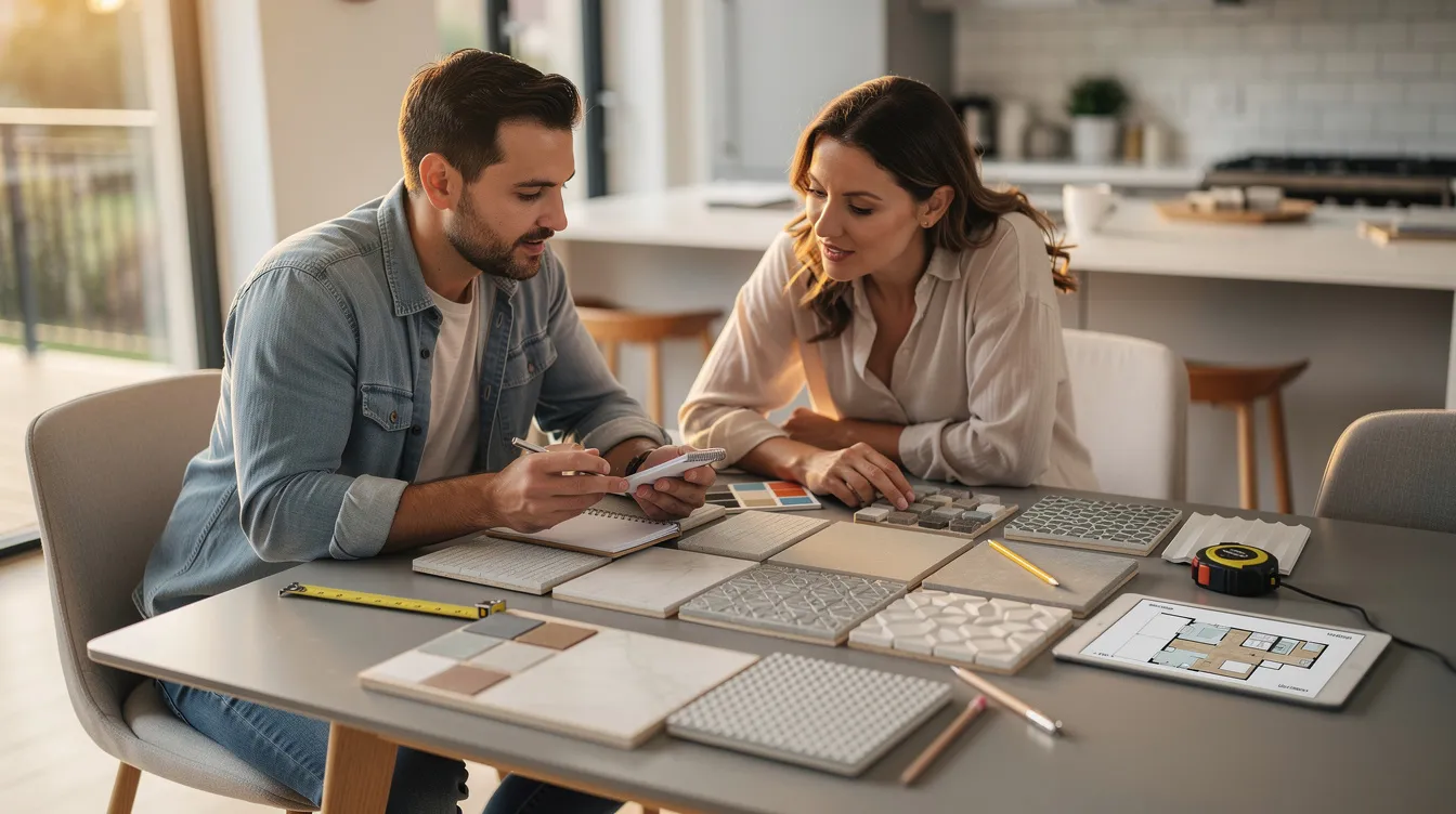 A construction professional is seen discussing tile samples with a homeowner, providing guidance for their home remodel project. This interaction emphasizes the careful planning involved in enhancing the existing home's living space and increasing its overall value.
