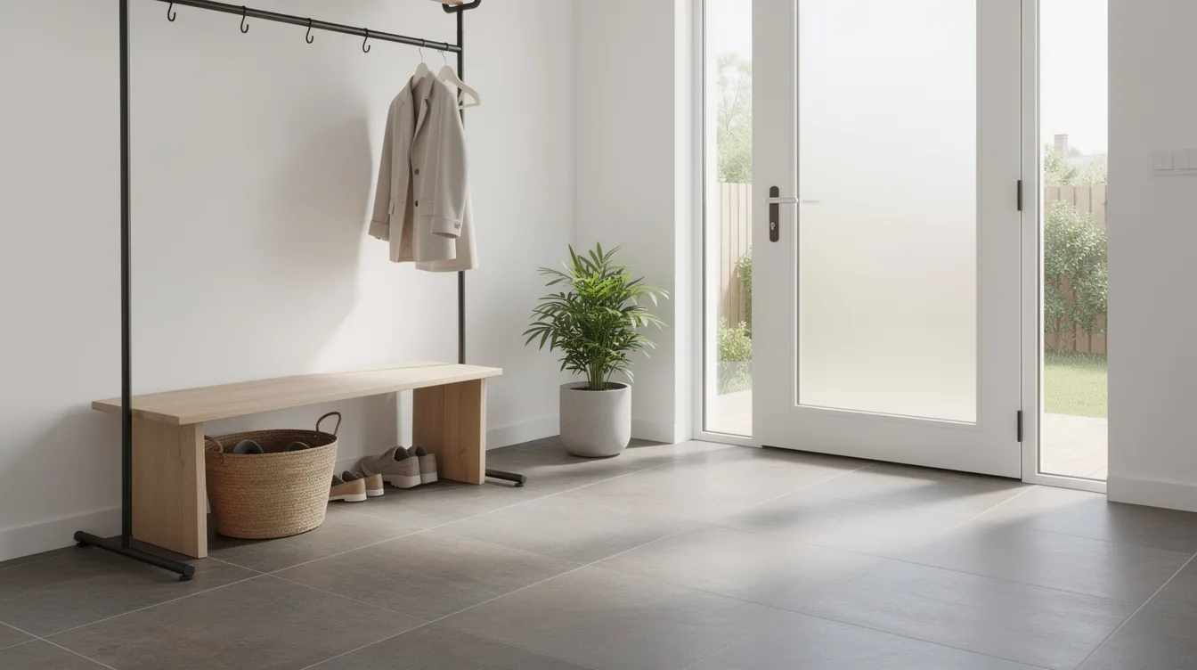 The image depicts an entryway featuring durable ceramic or porcelain tile flooring that reflects natural light, creating a welcoming atmosphere. The tiles are designed to withstand high traffic and moisture, making them an excellent choice for both residential and commercial spaces.