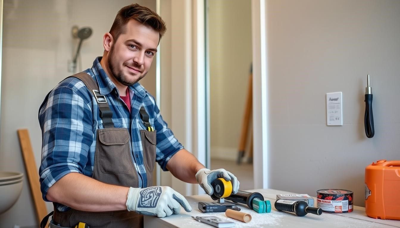 A construction worker smiles at the camera while working on a countertop in a bathroom, surrounded by tools.