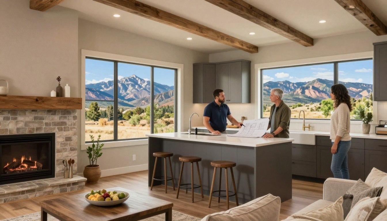 A living room with a mountain view. A person shows blueprints to two others in a modern kitchen.