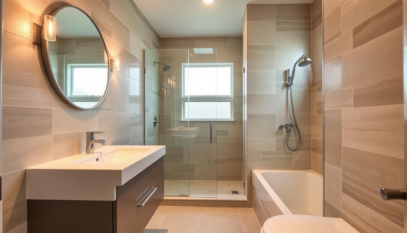 Modern bathroom with beige tile, shower, vanity, toilet, and oval mirror.