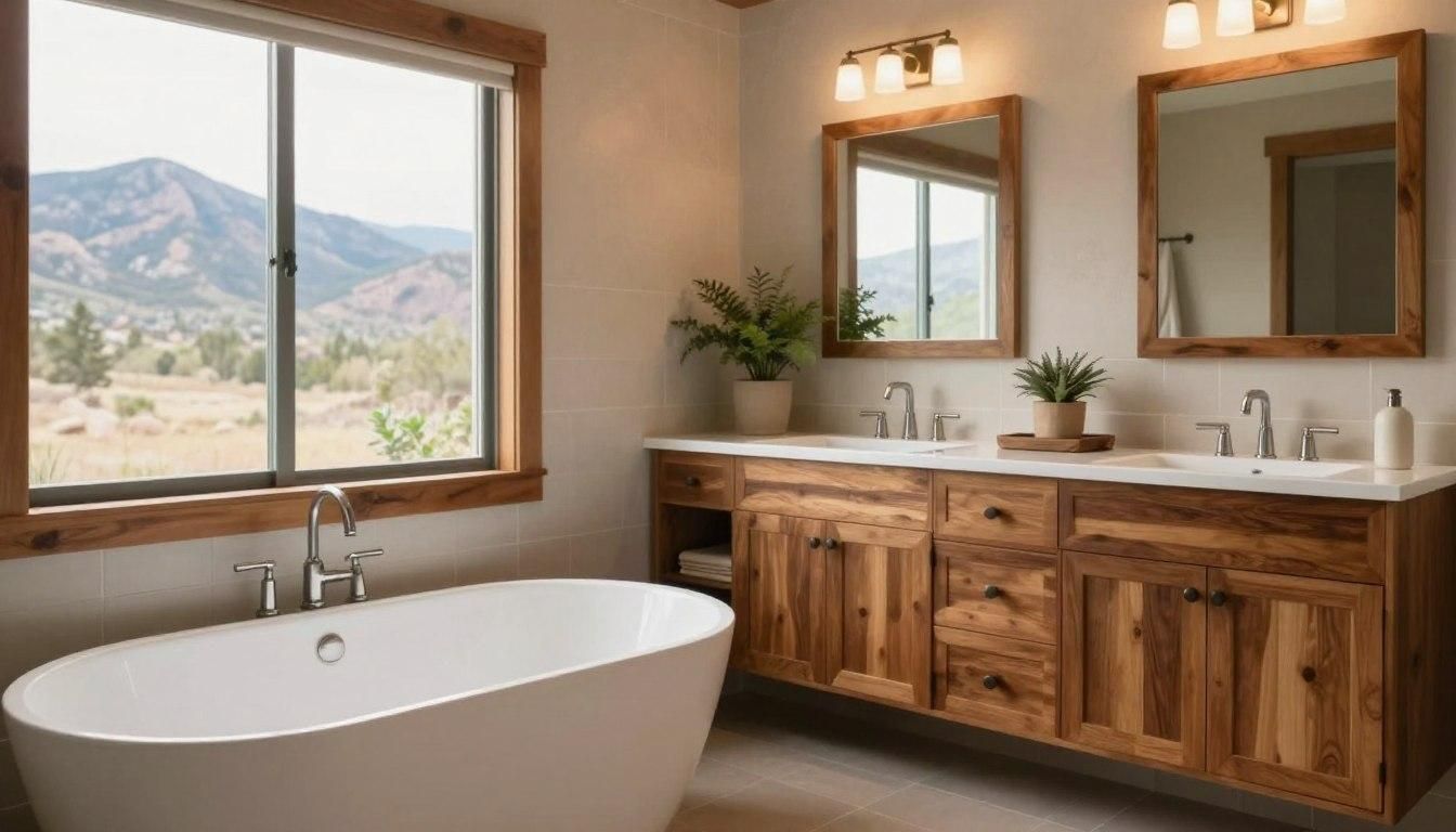 Bathroom with a mountain view, soaking tub, wooden vanity, and large window.