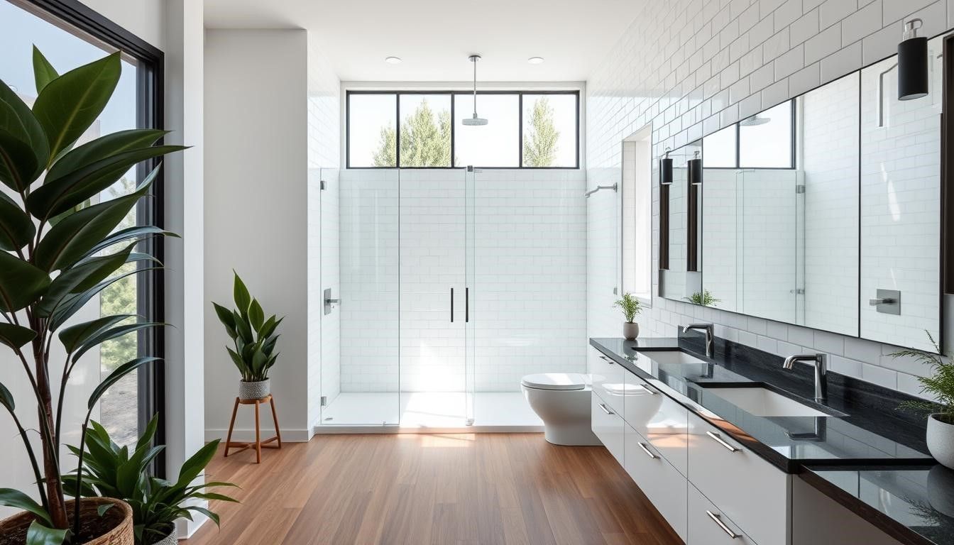 Modern bathroom with a large shower, dual sinks, and a toilet. Features white brick-like tiles, wooden floors, and large windows with plants.