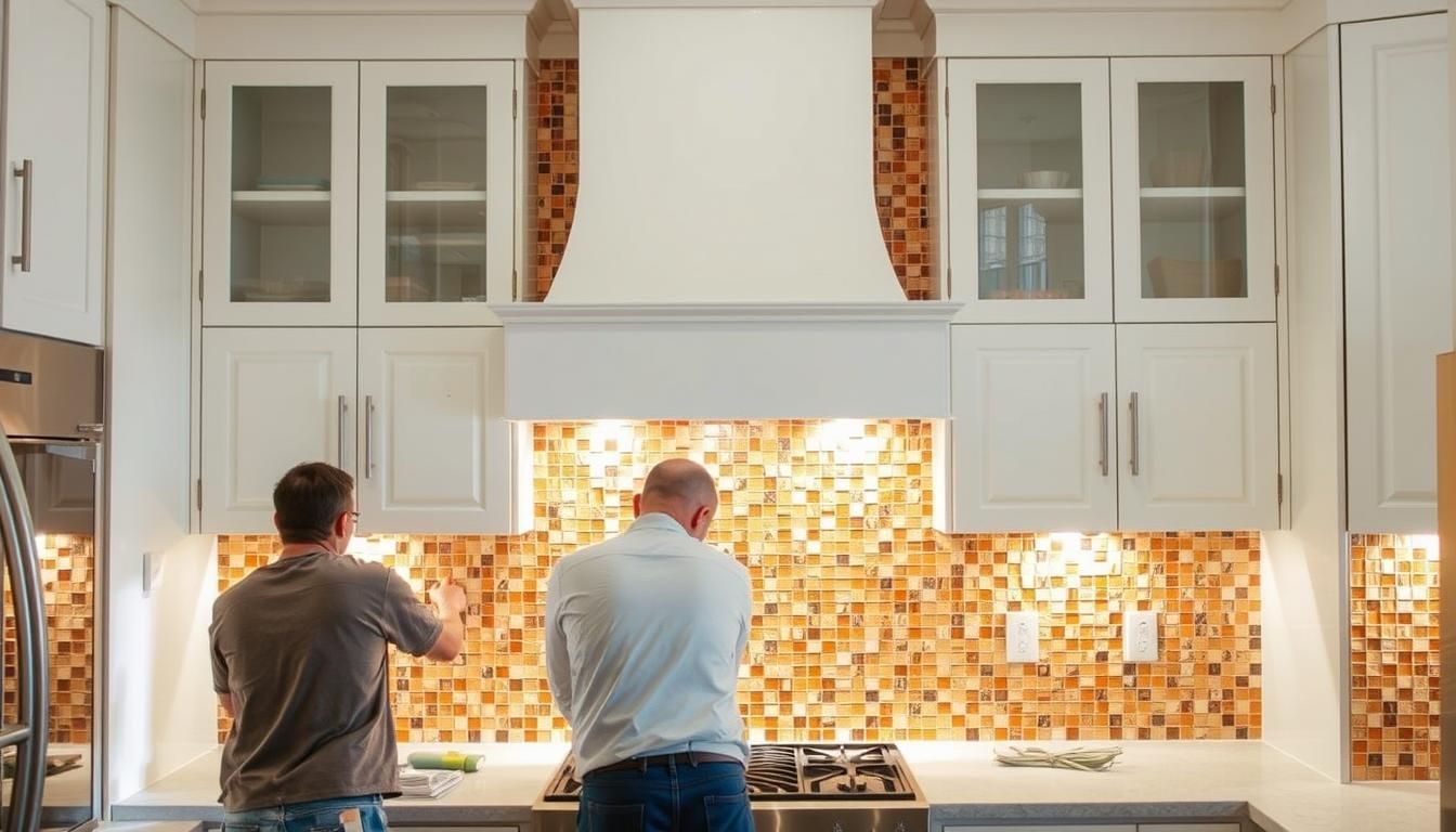 Kitchen with multicolored square tile backsplash, shelves, white cabinets, wooden countertop.
