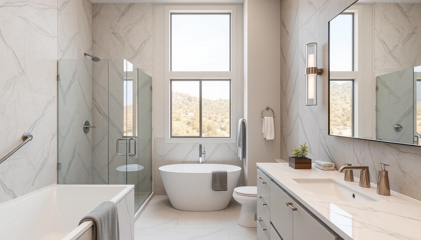 Bright, modern bathroom with a freestanding tub, glass shower, large window, and marble walls.