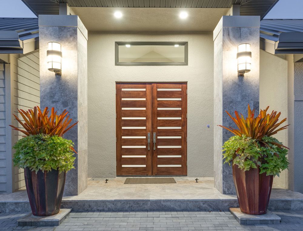 The front door of a house with two potted plants in front of it