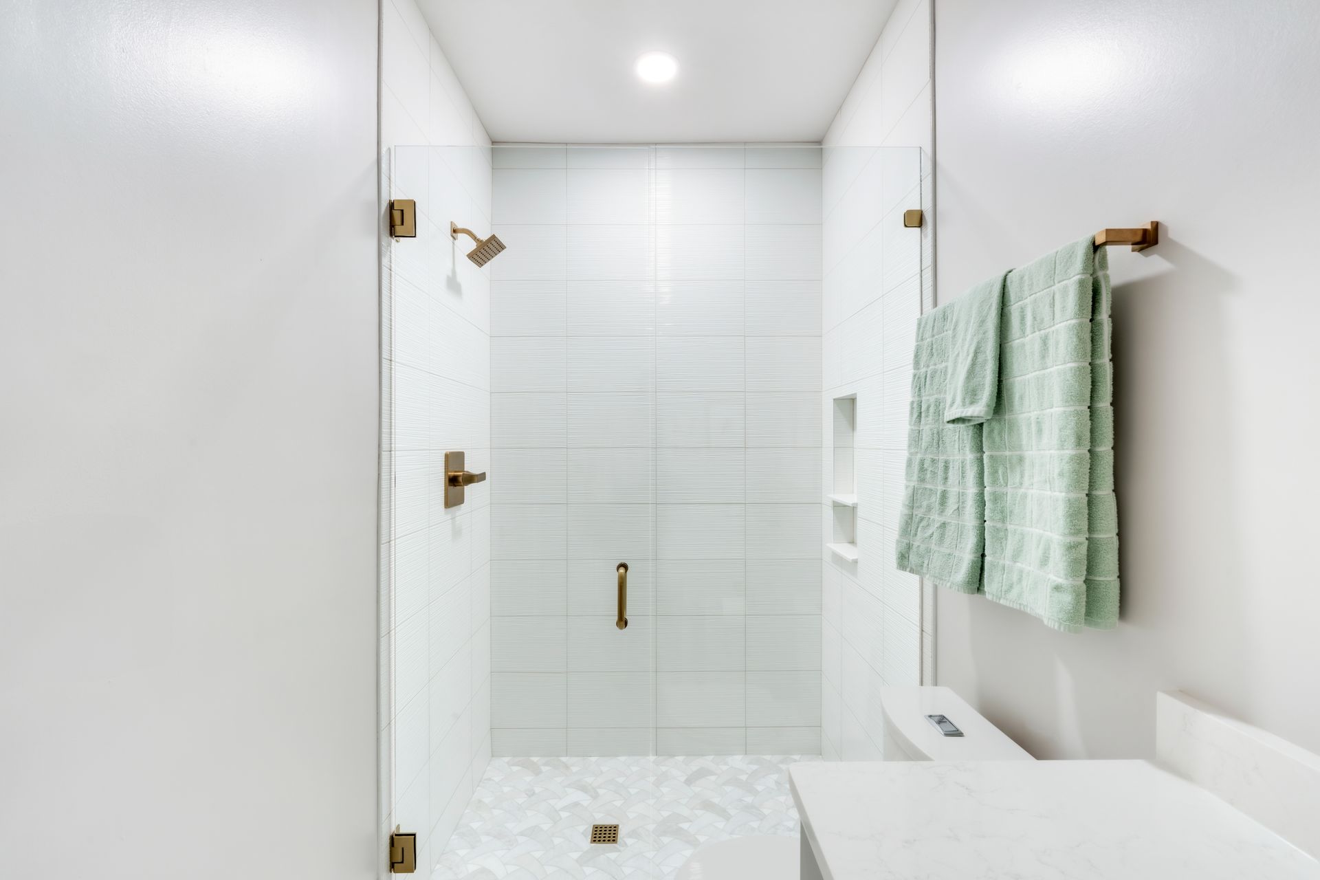 A bathroom with a walk in shower and a toilet.