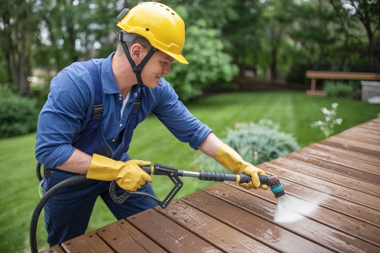 A man is cleaning a wooden deck with a high pressure washer.