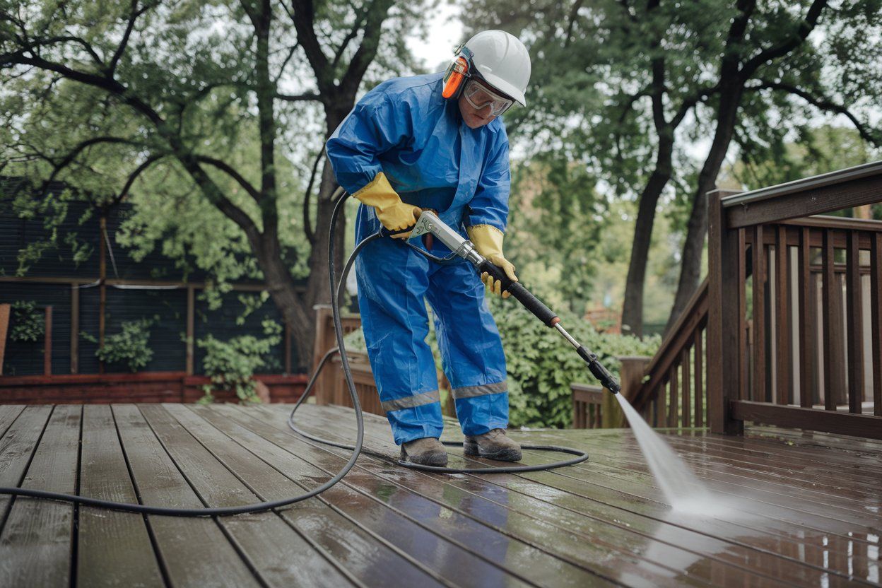 A man is cleaning a wooden deck with a high pressure washer.