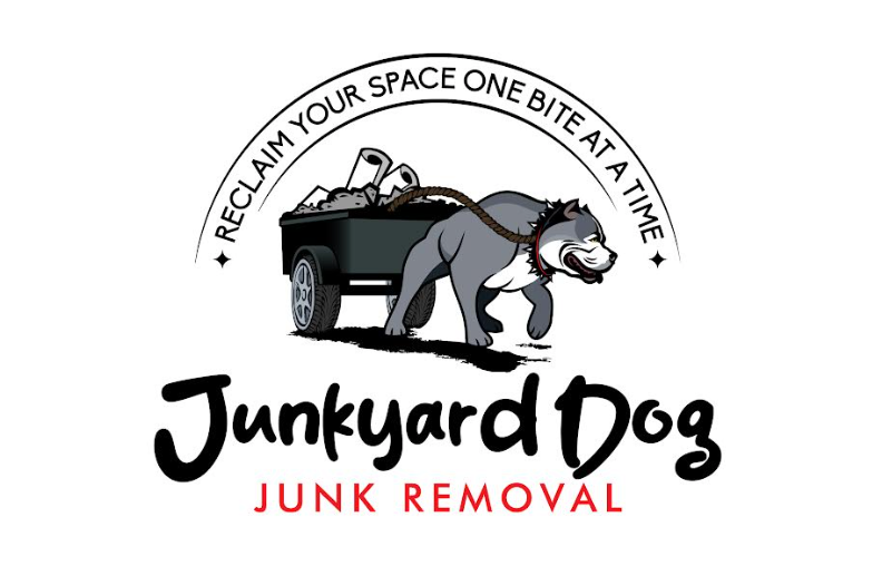 A logo for junkyard dog junk removal with a dumpster on a truck.