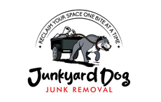 A logo for junkyard dog junk removal with a dumpster on a truck.