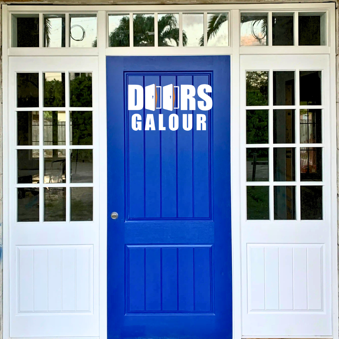 Blue door with sidelights and transom windows, white trim. Text 