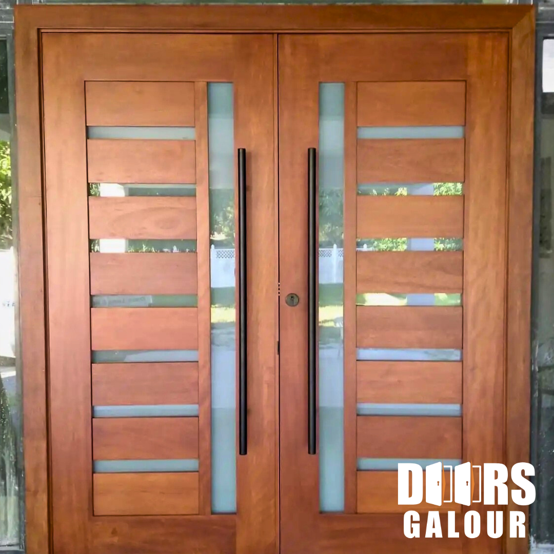 Wooden double doors with horizontal glass panels and black handles.