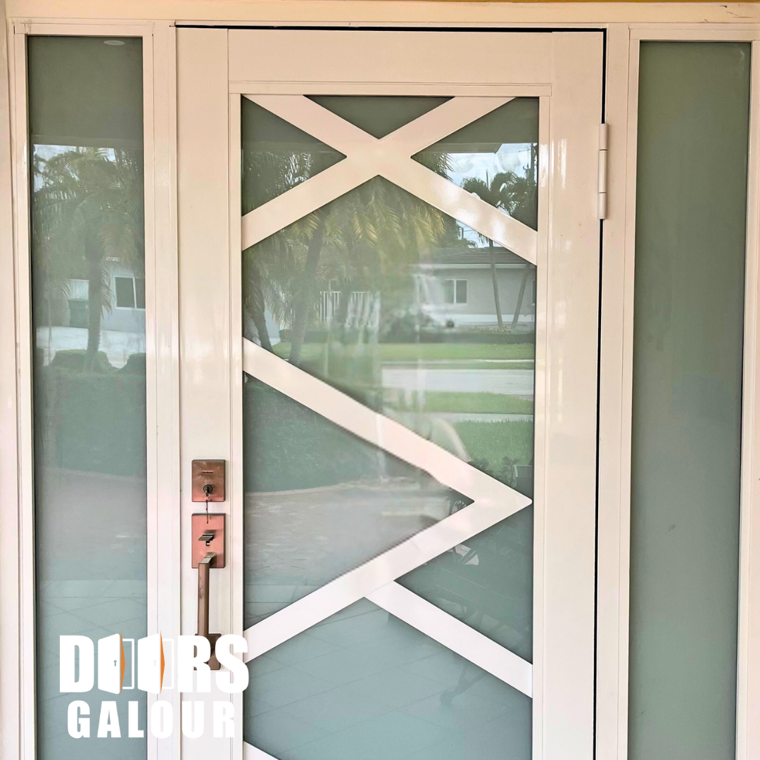 White front door with frosted glass and geometric design, flanked by sidelights.