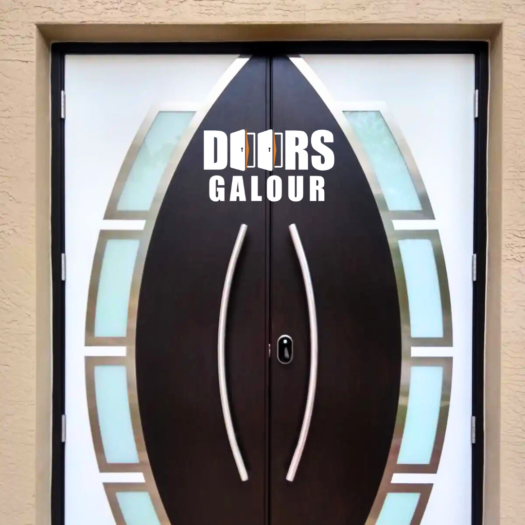 Double front door with a dark center design, 