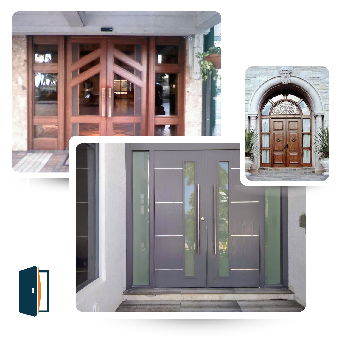 Collection of three different entrance doors: wood, stone, and metal with glass panels.