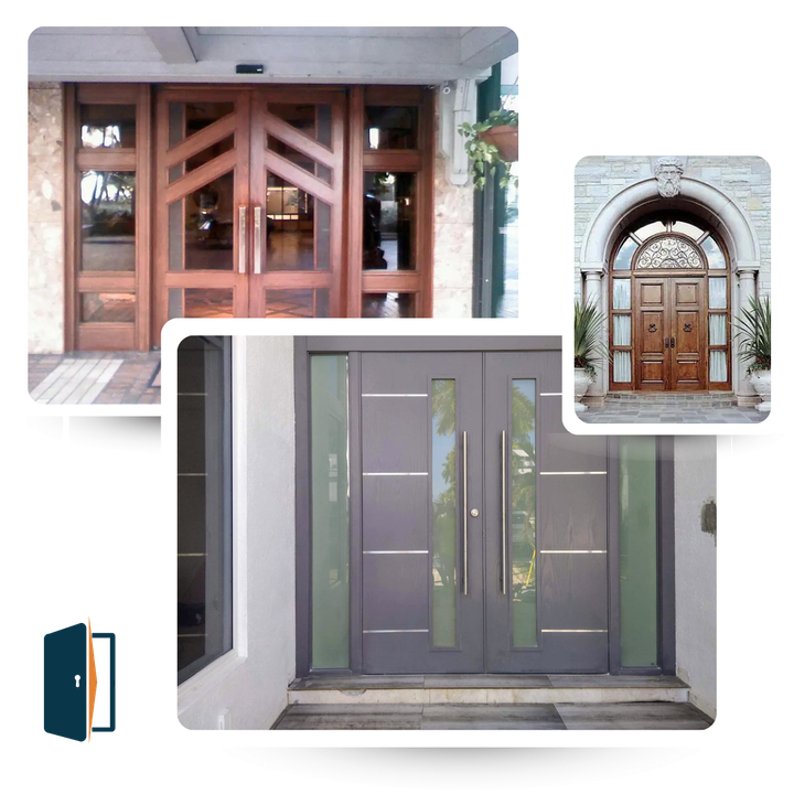 Collection of three different entrance doors: wood, stone, and metal with glass panels.