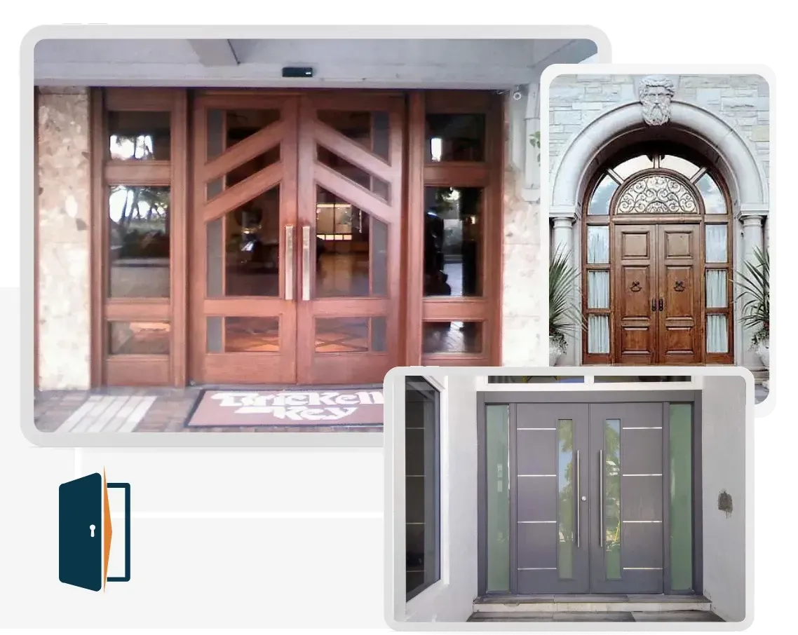 Three different types of doors are shown on a white background.