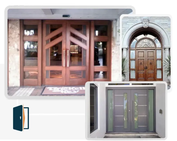 Three different types of doors are shown on a white background.