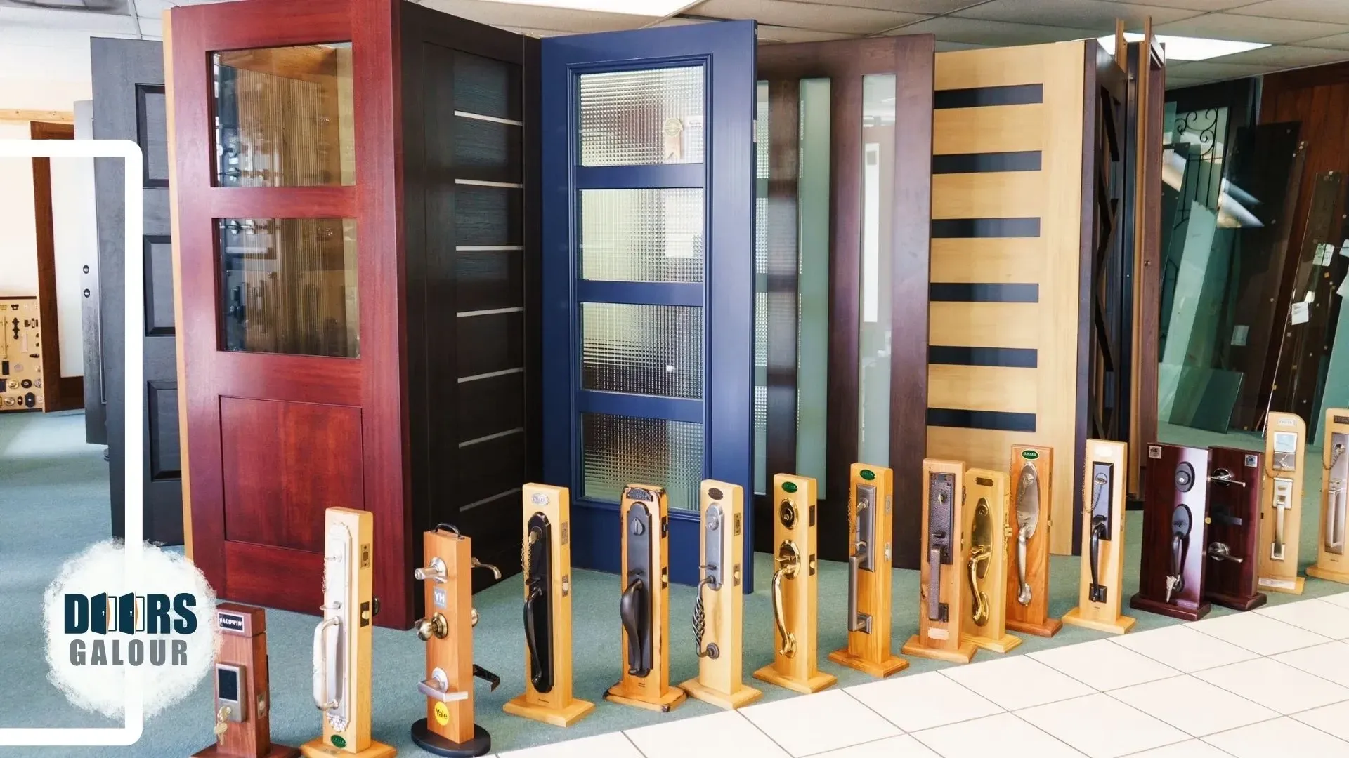 A display of different types of doors in a store