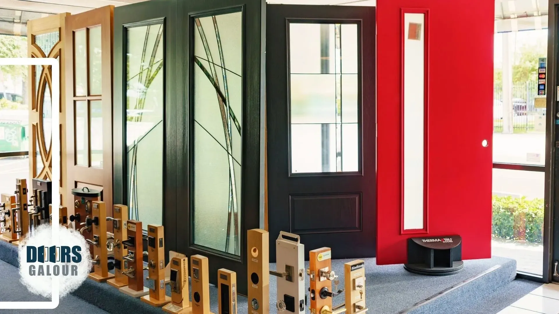 A showroom with a lot of doors and locks on display