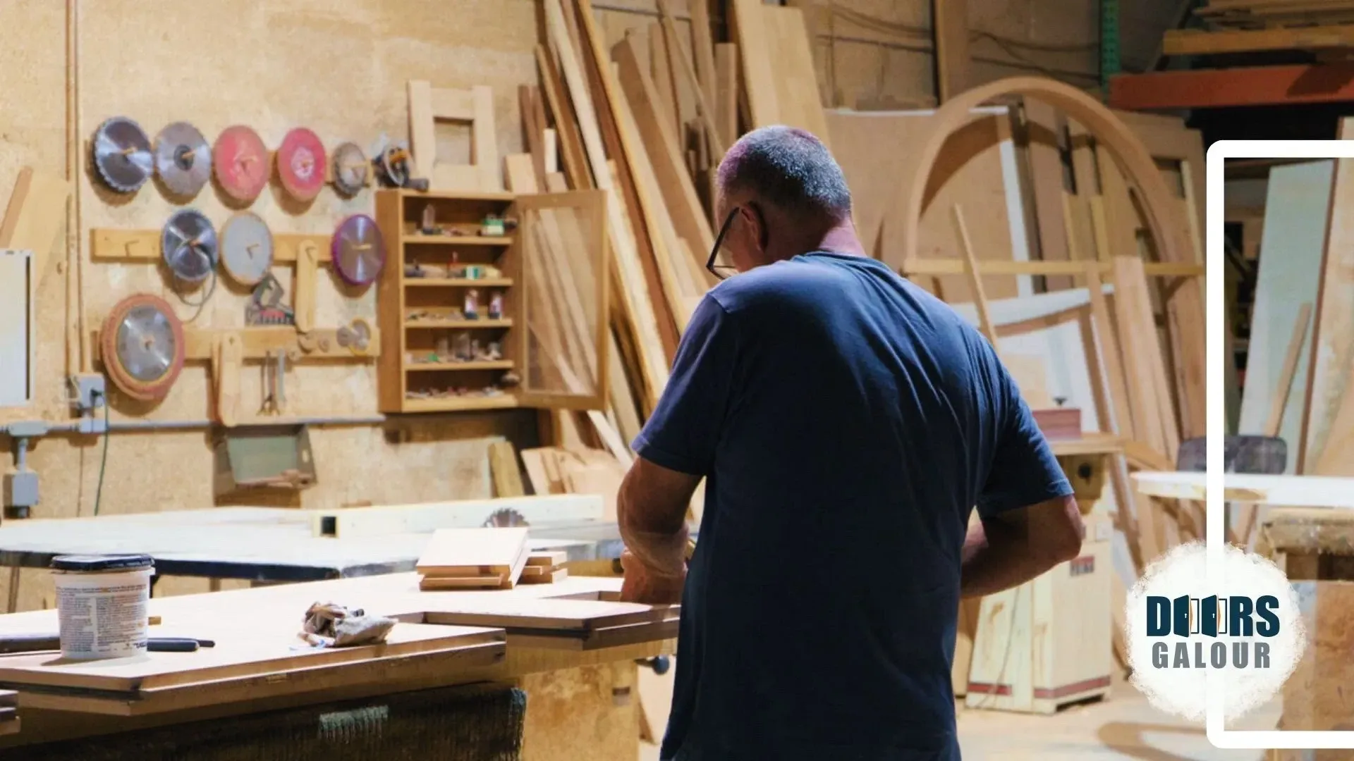 A man in a blue shirt is standing in a woodworking shop.