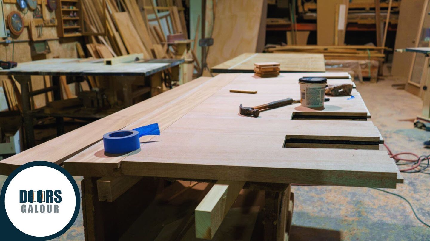 A wooden table with a hammer and tape on it in a woodworking shop.