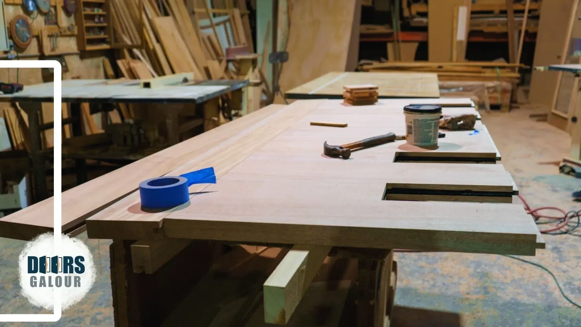A wooden table with a hammer and tape on it in a woodworking shop.
