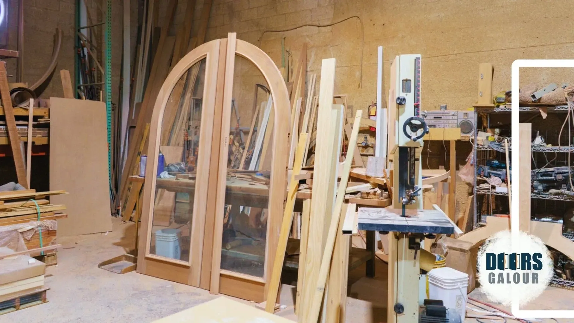 A woodworking shop filled with lots of wood and a band saw.