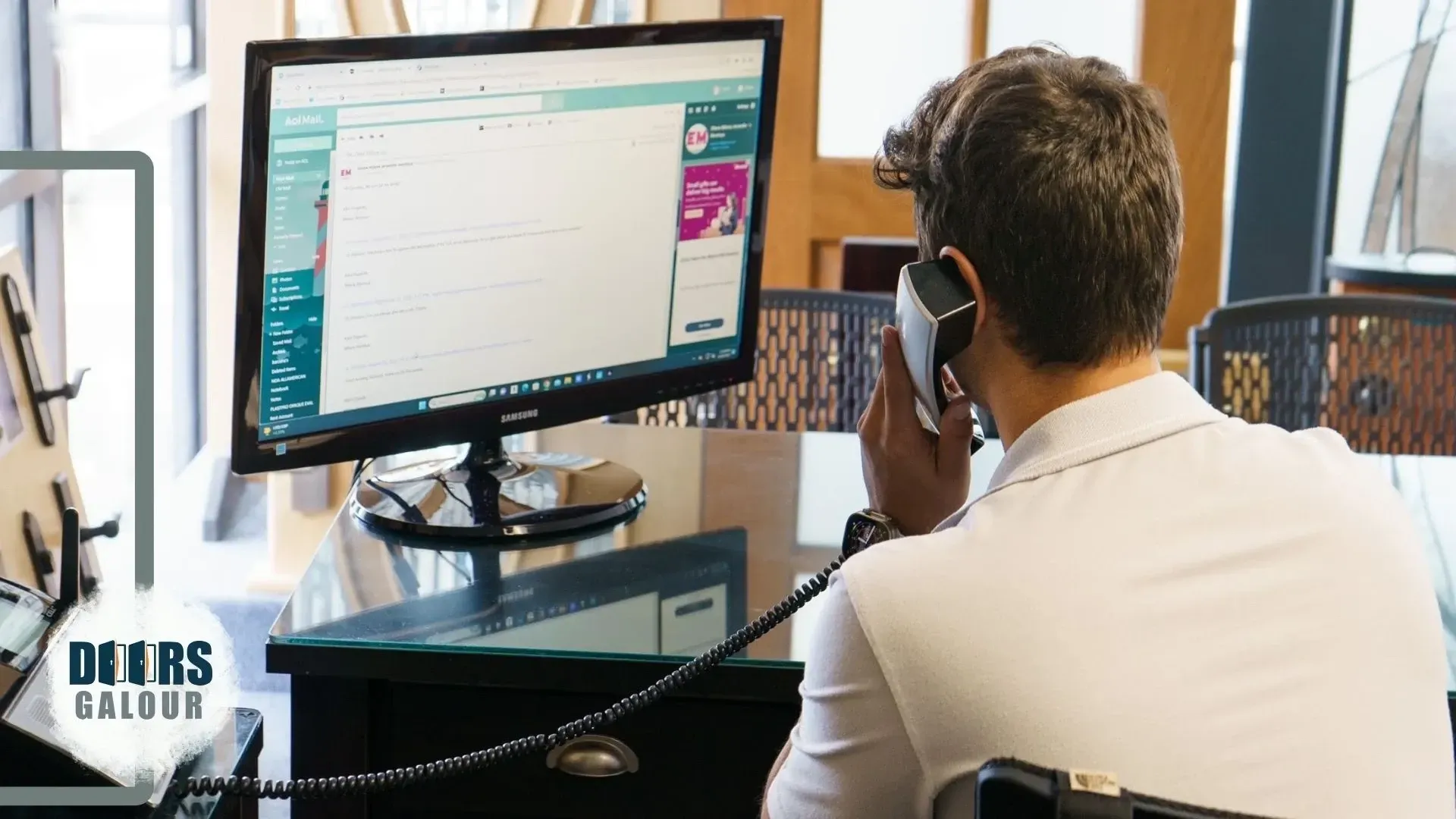 A salesman talking on a phone in front of a computer.