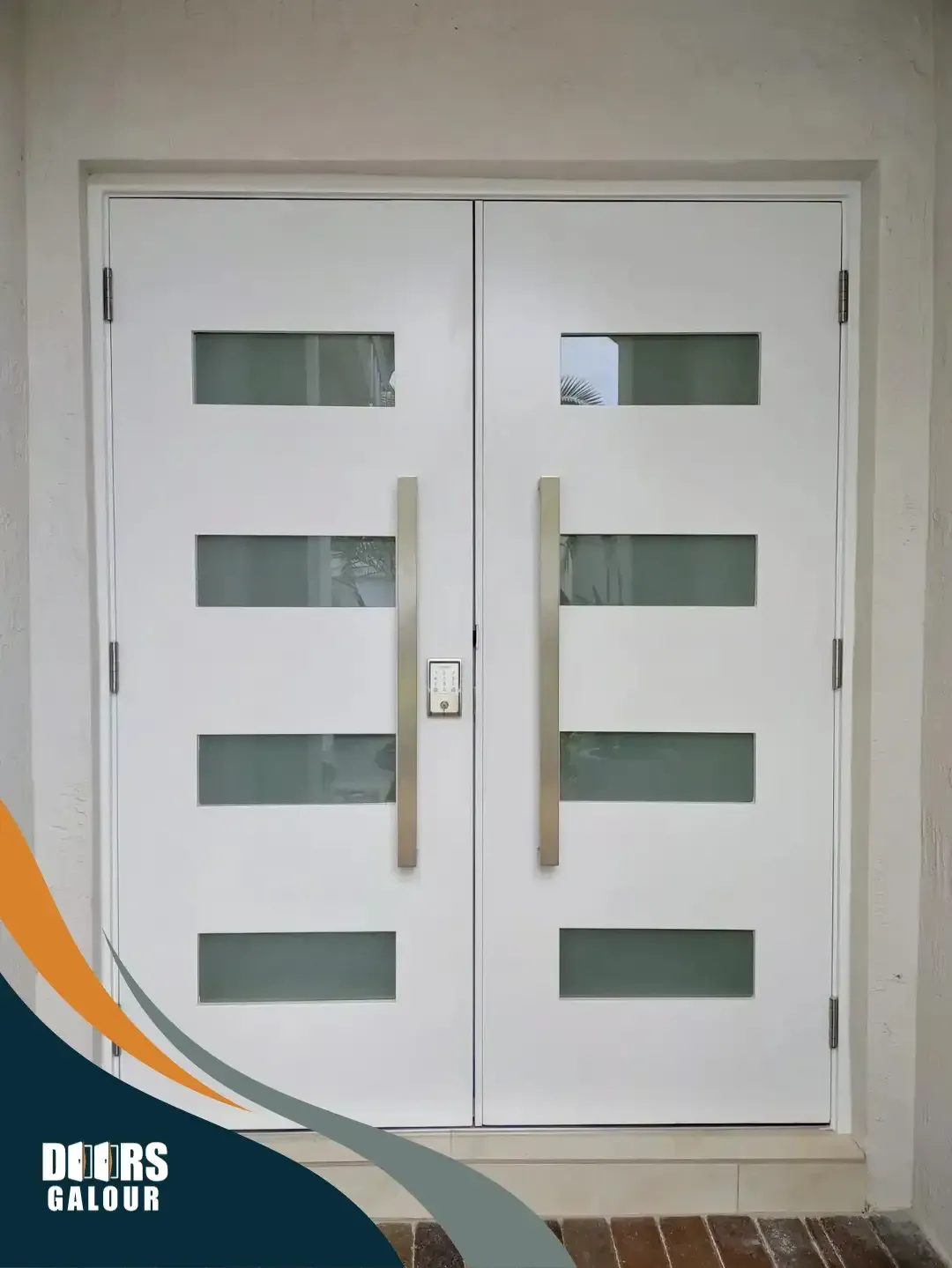 White double front doors with rectangular frosted glass panels and long silver handles.