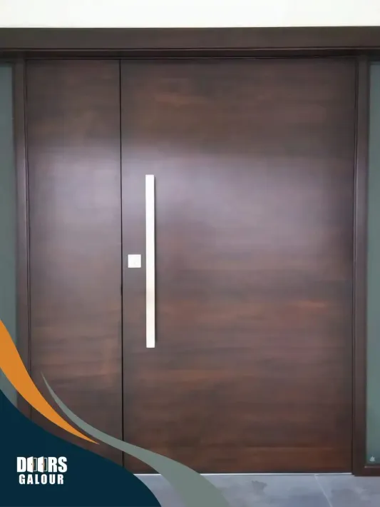 A large wooden door with a stainless steel handle