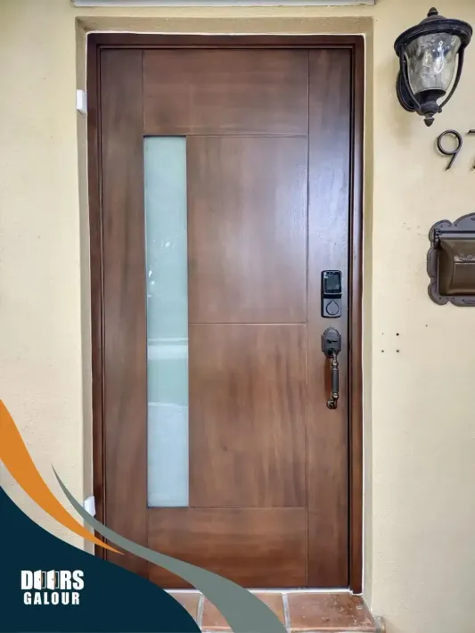 A wooden door with a glass window.
