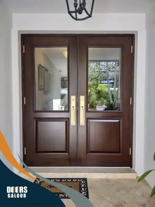 A wooden double door with a lantern above it